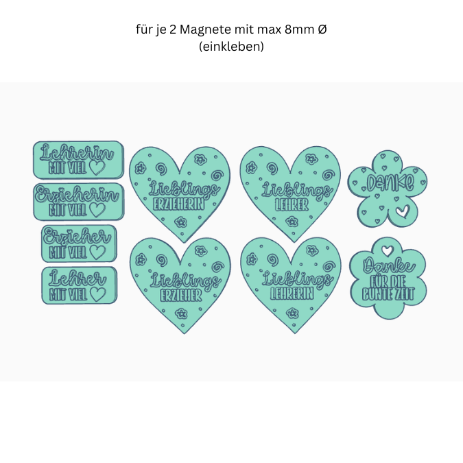 STL 3D Druck Datei 10 Designs Magnet Erzieherin Lehrerin Erzieher Lehrer für 2 Magnete zum einkleben bis 8mm Durchmesser 3D-Druck Datei KiGa – Bild 2