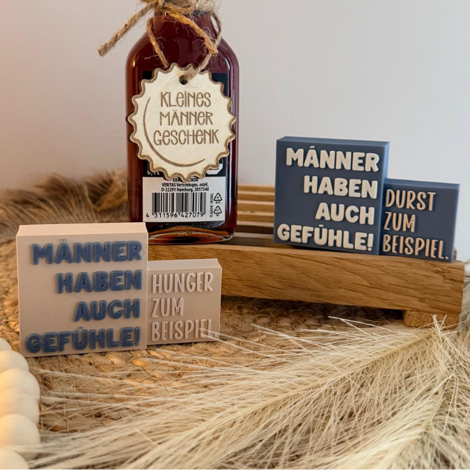 STL 3D Druck Datei 2 Designs Schriftzug Statement Männer haben auch Gefühle Hunger Durst Geschenkidee 3D Druck Datei Mann Jungs Bier grillen