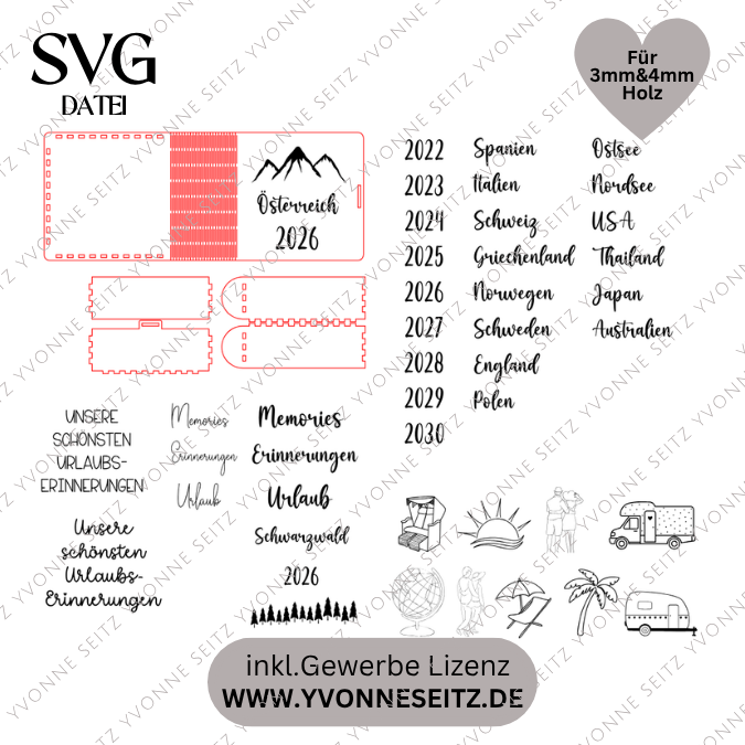 SVG Laserdatei Fotobuch Urlaub Buch Fotoalbum für Fotos Retro Rahmen Erinnerungen Urlaub Strand Sonne mit vielen Vorlagen SVG Datei 3 & 4mm – Bild 2