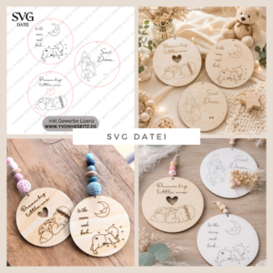 SVG Datei Laserdatei Baby Holzscheiben 3 Designs Babybett Kinderzimmerdeko to the moon and bacl sweet dreams Geburt