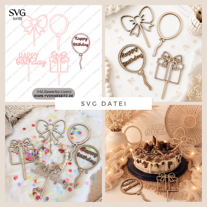 SVG Laserdatei 5 Designs neutrale Caketopper zum Geburtstag Kuchenstecker Pflanzenstecker SVG Datei Cake topper