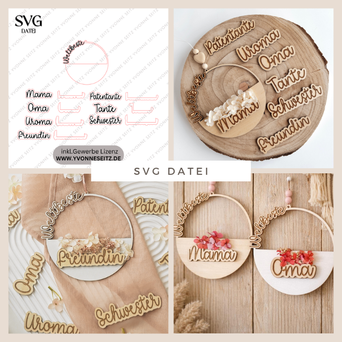 7 Designs Weltbeste... Kranz zum füllen mit Blumen oder Geld freundin Schwester Patentante Muttertag Freundschaft Mama OmaSVG Laserdatei
