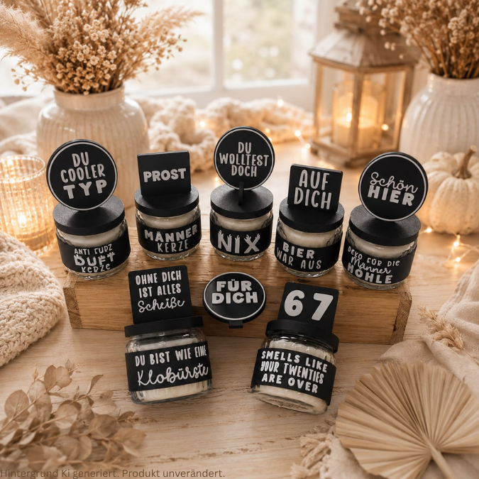 STL 3D Druck Datei Männer Mann XXl Set für Kerzenglas Banderolen Deckel und Stecker Hök Gök 3D-Druck Datei Geburtstag Geldgeschenk 67 Prost