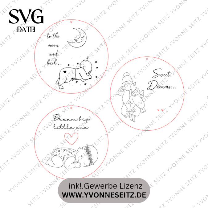 SVG Datei Laserdatei Baby Holzscheiben 3 Designs Babybett Kinderzimmerdeko to the moon and bacl sweet dreams Geburt – Bild 2