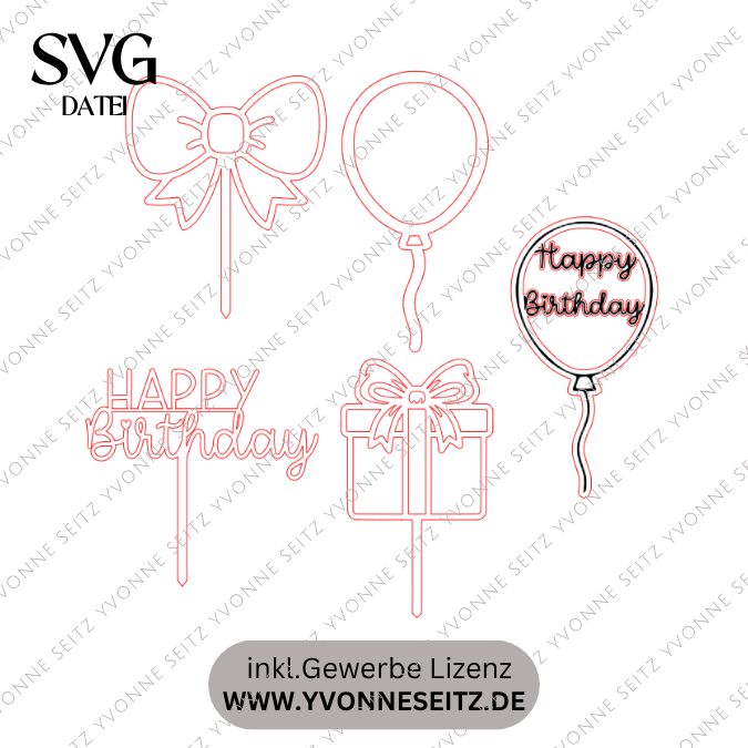 SVG Laserdatei 5 Designs neutrale Caketopper zum Geburtstag Kuchenstecker Pflanzenstecker SVG Datei Cake topper – Bild 2