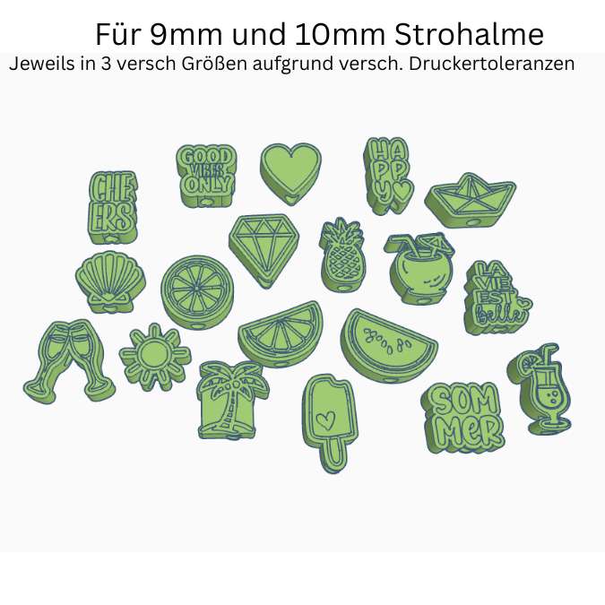 STL 3D-Druck Datei 19 Designs Strohalmaufschieber Sommer jeweils für 9mm und 10mm Halme Röhrchen Strohhalm 3D-Datei cool drinks – Bild 2