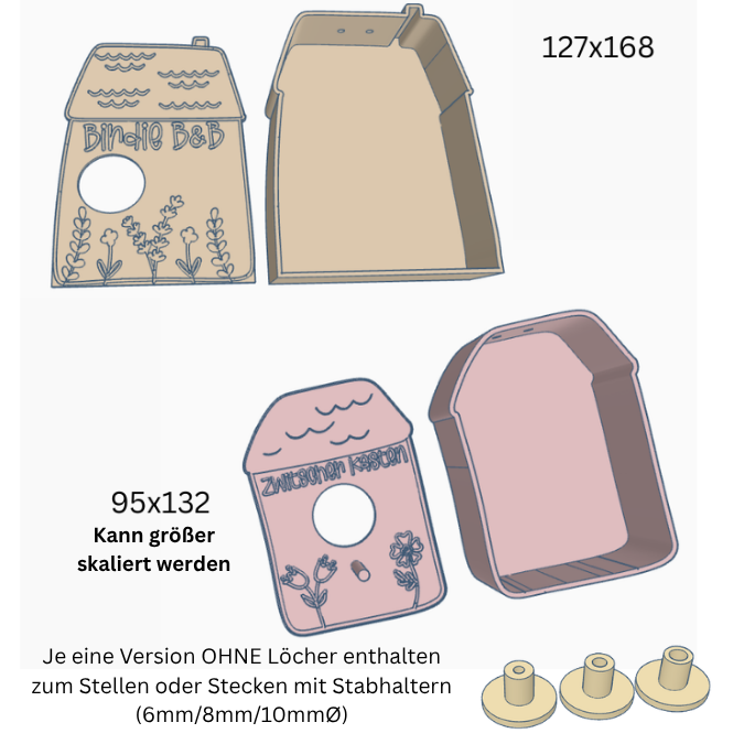 STL 3D Druck Datei Vogelhaus in 2 Designs zum hängen oder stecken inkl Adapter zum kleben für 6/8/10mm Stäbe Garten Zwitscherkasten B&B – Bild 2