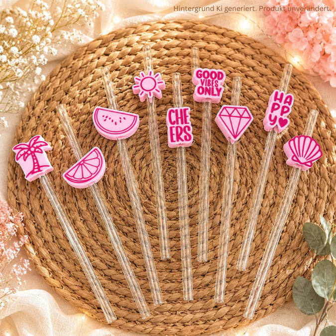 STL 3D-Druck Datei 19 Designs Strohalmaufschieber Sommer jeweils für 9mm und 10mm Halme Röhrchen Strohhalm 3D-Datei cool drinks