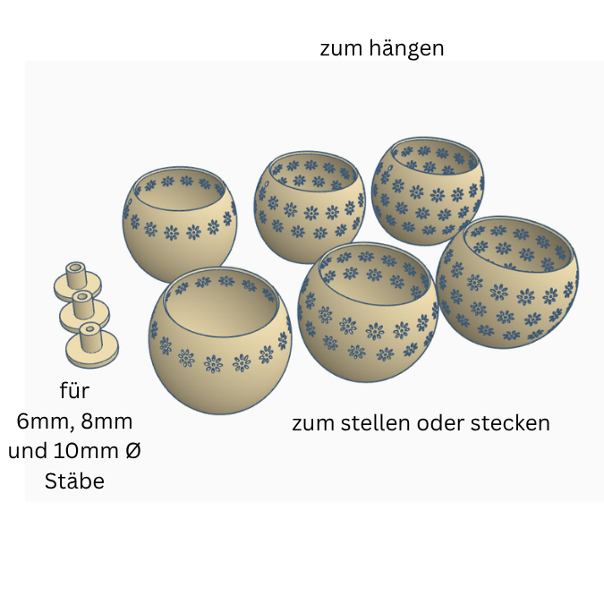 3D Druck Datei STL 4er Set Windlicht Blumen für LED Lichter oder Solarlichter (8cm) zum stecken u. stellen inkl Stabhalter 6/8/10mm 3D-Druck – Bild 2