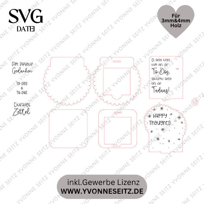 SVG Laser Datei Notizzettelhalter mit Platz für Stift Geschenkidee Mitbringsel 3mm 4mm Laserdatei Datei Gedanken Notiz Notizblock 95 x 95mm – Bild 2
