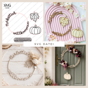SVG und STL Laser Herbst Kranz Herbstlich willkommen mit Blatt und Kürbisanhänger Türkranz Türdeko Kürbis Ahrnblatt Laserdatei Datei Hygge Skandi
