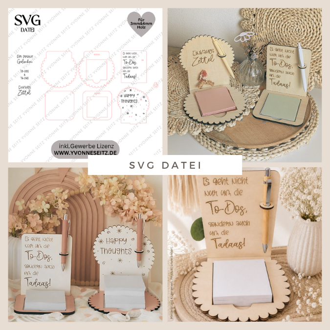 SVG Laser Datei Notizzettelhalter mit Platz für Stift Geschenkidee Mitbringsel 3mm 4mm Laserdatei Datei Gedanken Notiz Notizblock 95 x 95mm