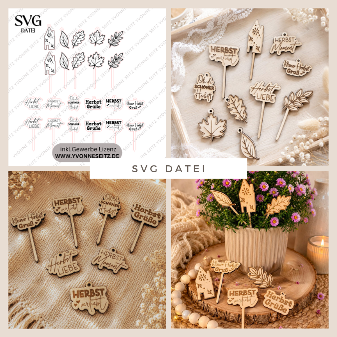 SVG Laser Herbst Stecker und Anhänger für Gestecke Trockenblumen Muffins und Geschenke Mitbringsel Laserdatei SVG Datei Hygge Skandi