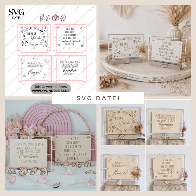 SVG Laser Herbst Datei 4 designs Klötzchenrahmen inkl Dekoblätter zum aufkleben Laserdatei SVG Datei Easysticks Hygge skandi