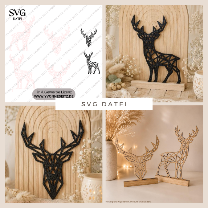 SVG Laser Datei Hirsch Reh für Klötzchen oder als Wanddeko Herbst Winter Weihnachten Laserdatei SVG Datei Lineart Skandi Reh