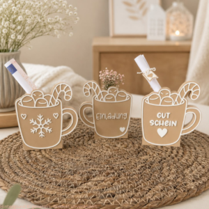 STL 3D Druck Datei 6 Designs Tasse Kakao Glühwein Tee Herbst Winter Weihnachten für Gutschein oder Geld inkl Blanko zum personalisieren