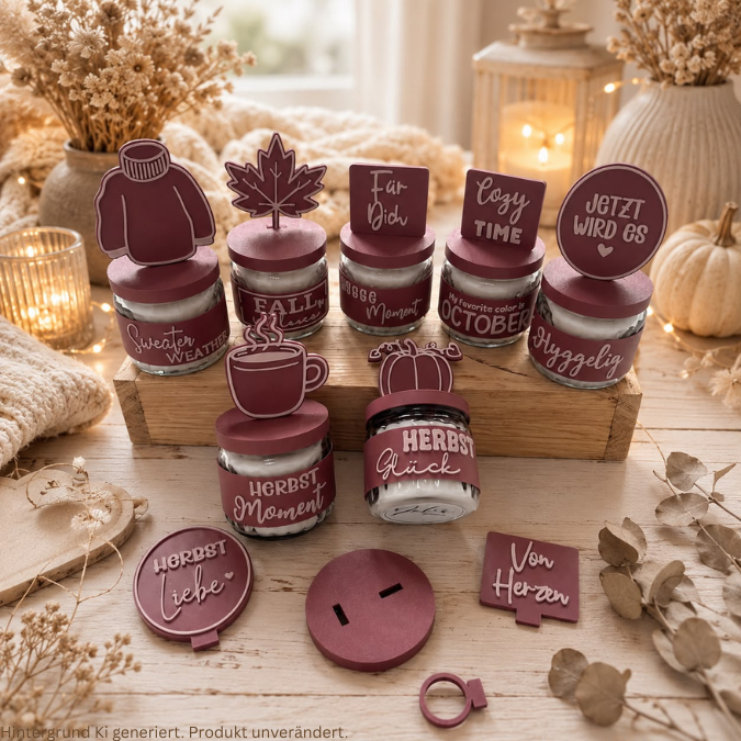 STL 3D Druck Datei Herbst XXl Set Kerzenglas Banderolen Deckel und Stecker Hök Gök 3D-Druck Datei Herbstliebe Mitbringsel Geldgeschenk Hygge