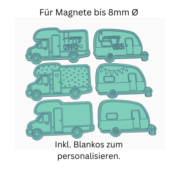 STL 3D Druck Datei 6 Designs inkl Blanko zum personalisieren Magnet Camping für 2 Magnete zum einkleben bis 8mm Durchmesser 3D-Druck Datei – Bild 2