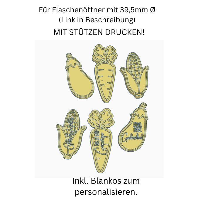 STL 3D Druck Datei 6 Designs Flaschenöffner zum personalisieren lustiges Gemüse Humor sarkasmus Mitbringsel zum einschrauben 3D-Druck Datei – Bild 2