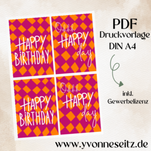 Postkarten Druckvorlage 2 Designs Happy Birthday Gute Laune PDF Karte Geschenkkarte Printable Postkarte retro colourblocking pink orange