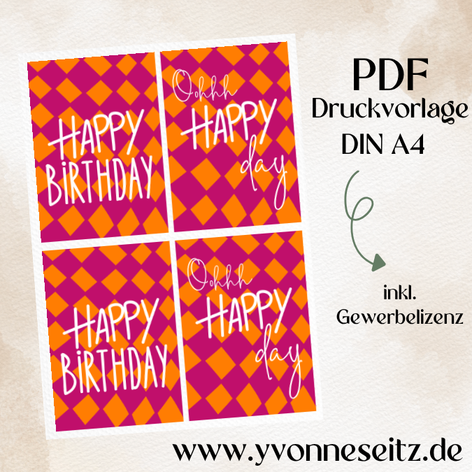 Postkarten Druckvorlage 2 Designs Happy Birthday Gute Laune PDF Karte Geschenkkarte Printable Postkarte retro colourblocking pink orange