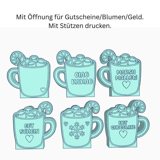 STL 3D Druck Datei 6 Designs Tasse Kakao Glühwein Tee Herbst Winter Weihnachten für Gutschein oder Geld inkl Blanko zum personalisieren – Bild 2