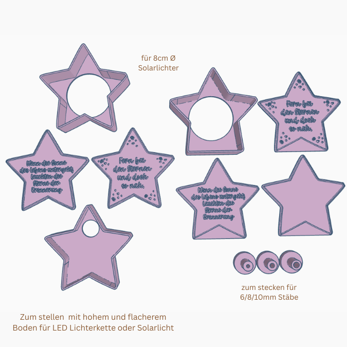 STL 3D Druck Datei Trauer Stern 2 Designs zum personalisieren Solarlicht oder Lichterkette 3D-Datei zum stellen oder stecken 6/8/10mm Stäbe – Bild 2
