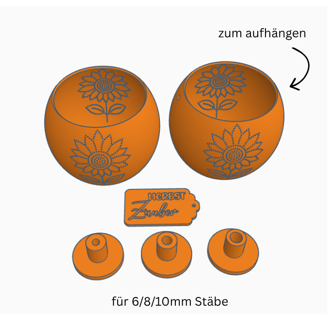 3D Druck Datei STL Herbst Sonnenblume Windlicht für LED Teelichter oder Solarlichter (8cm) zum stecken und stellen inkl Stabhalter 6/8/10mm – Bild 2