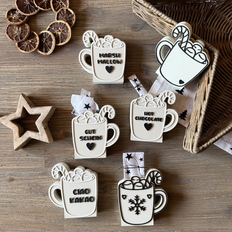 STL 3D Druck Datei 6 Designs Tasse Kakao Glühwein Tee Herbst Winter Weihnachten für Gutschein oder Geld inkl Blanko zum personalisieren