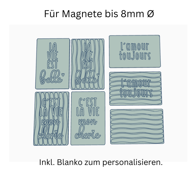 STL 3D Druck Datei 6 Designs Magnet La vie est belle Französisch Geschenkidee für 2 Magnete zum einkleben bis 8mm Durchmesser 3D-Druck – Bild 2