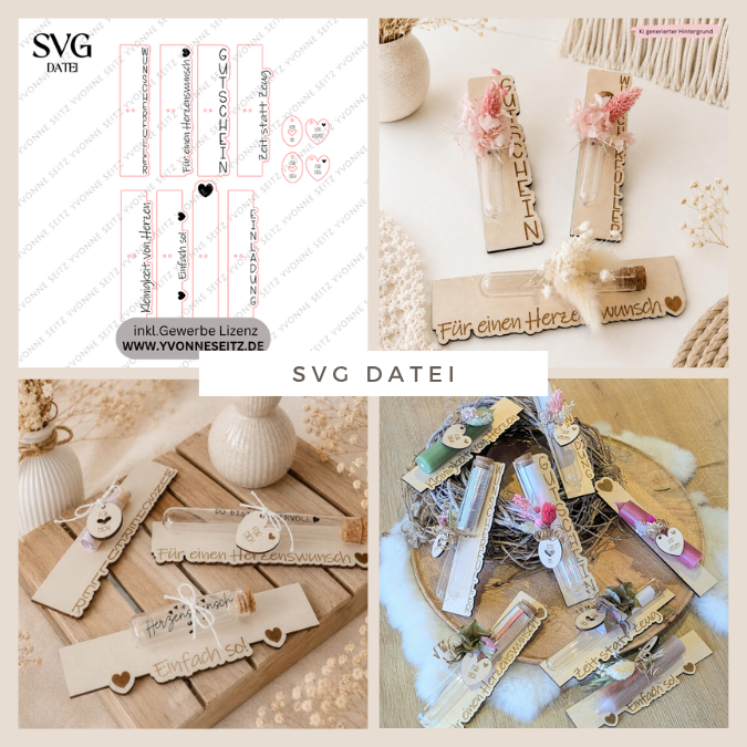SVG Laserdatei 8 Designs Verpackung für Geld Reagenzglas Gutscheine Zeit statt Zeug Wunscherfüller inkl Anhänger SVG Datei Geburtstag