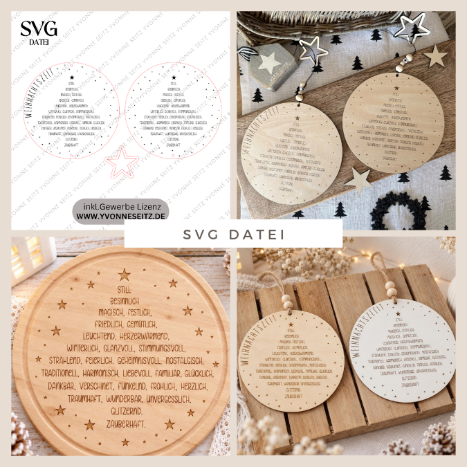 SVG Laserdatei Holzscheibe Weihnachten Adjektive Bedeutung Winter Weihnachtsdeko Tannenbaum mit Anhänger Winterdeko Türkranz SVG Datei