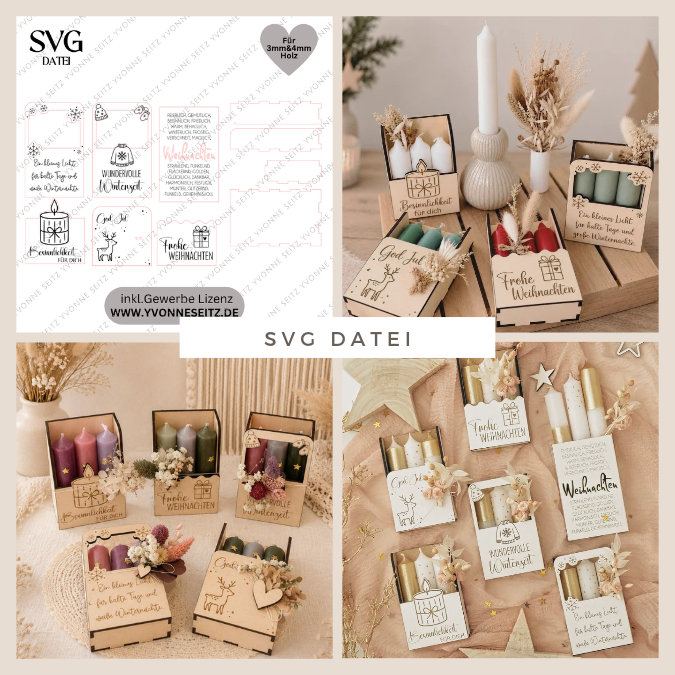 1 SVG Laser Datei Weihnachten Winter Kerzenbox Mitbringsel für 3 kleine Stabkerzen oder Kleinigkeiten 3mm 4mm Laserdatei SVG Datei Skandi