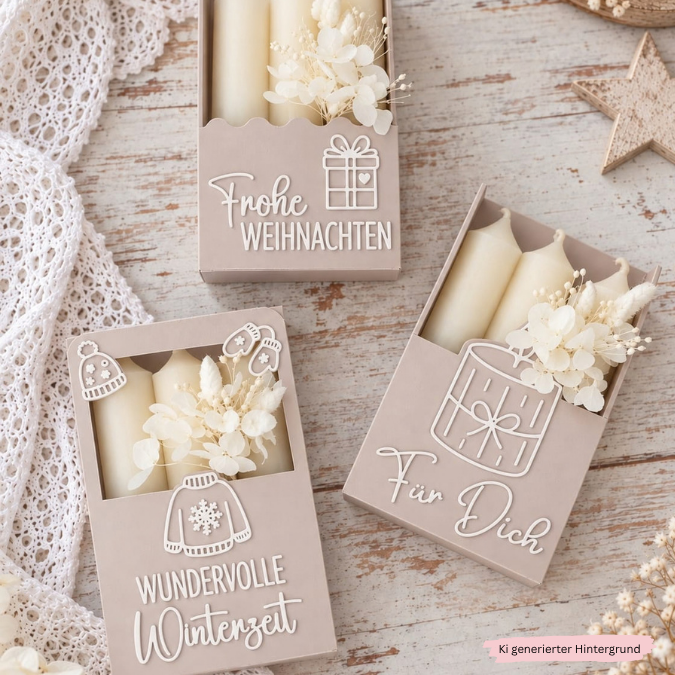 STL 3D Druck Datei Kerzenbox für 3 kurze Kerzen Kerzenverpackung Deko Weihnachten mit Deckel zum kleben 3D-Datei 3D-Vorlage personalisierbar