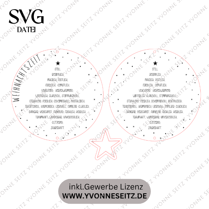 SVG Laserdatei Holzscheibe Weihnachten Adjektive Bedeutung Winter Weihnachtsdeko Tannenbaum mit Anhänger Winterdeko Türkranz SVG Datei – Bild 2