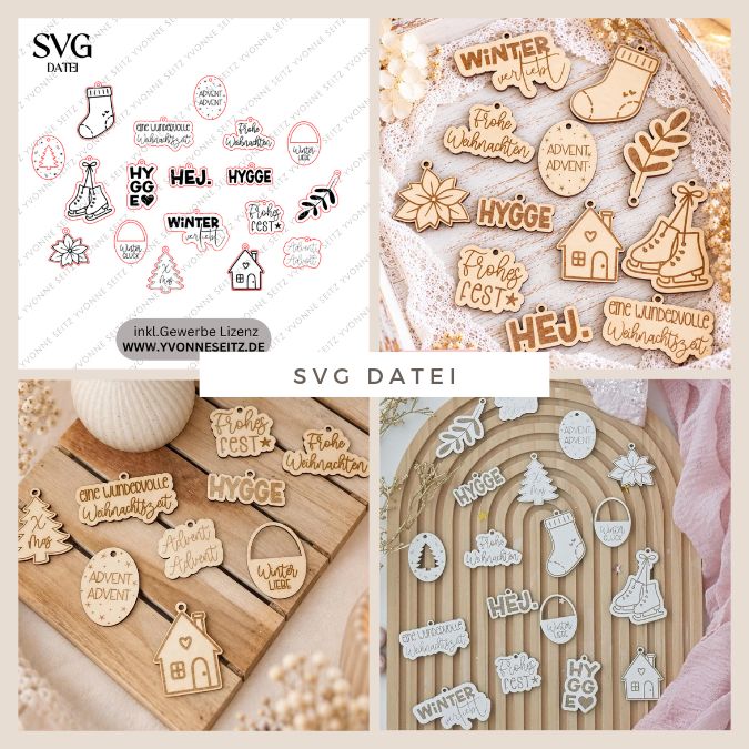 SVG Laserdatei 18 Designs Geschenkanhänger Winter Weihnachten Skandi Geschenkidee SVG Datei Geschenkverpackung Kawaii Boho cute