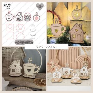 SVG Laser Datei 4 Designs Teelichtaufsteller Winter Weihnachten Mitbringsel für LED-Teelichter 3&4mm Laserdatei SVG Datei Hygge Geschenkidee