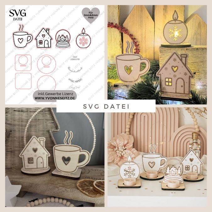 SVG Laser Datei 4 Designs Teelichtaufsteller Winter Weihnachten Mitbringsel für LED-Teelichter 3&4mm Laserdatei SVG Datei Hygge Geschenkidee