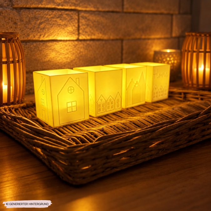 1 3D Druck Datei STL 4er Set Häuser Windlicht für LED Tee Lichter eckig SKALIERBAR anpassbar Home Herbst Winter Weihnachten Klötzchenwindlicht – Bild 7
