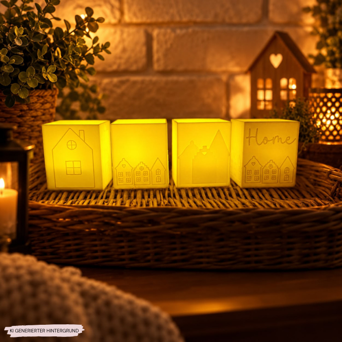 1 3D Druck Datei STL 4er Set Häuser Windlicht für LED Tee Lichter eckig SKALIERBAR anpassbar Home Herbst Winter Weihnachten Klötzchenwindlicht – Bild 8