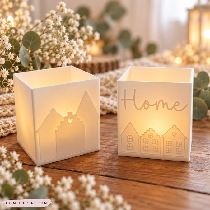 1 3D Druck Datei STL 4er Set Häuser Windlicht für LED Tee Lichter eckig SKALIERBAR anpassbar Home Herbst Winter Weihnachten Klötzchenwindlicht – Bild 9