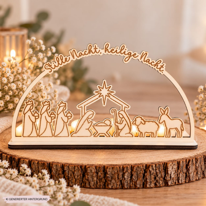 3mm und 4mm XXL Krippe Teller für Krippe Dekoteller Ständer mit 2 Ständern für 4 Teelichter SVG Laser Datei Weihnachten Heilige Nacht – Bild 5