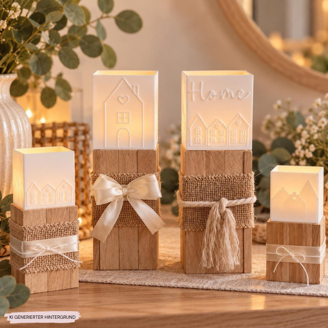 1 3D Druck Datei STL 4er Set Häuser Windlicht für LED Tee Lichter eckig SKALIERBAR anpassbar Home Herbst Winter Weihnachten Klötzchenwindlicht