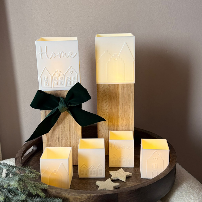1 3D Druck Datei STL 4er Set Häuser Windlicht für LED Tee Lichter eckig SKALIERBAR anpassbar Home Herbst Winter Weihnachten Klötzchenwindlicht – Bild 3