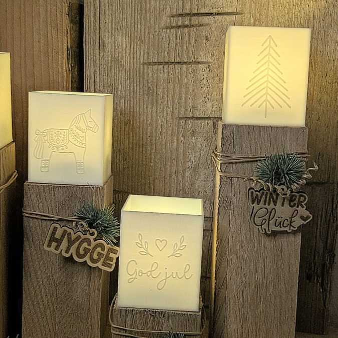 3D Druck Datei STL 4er Set Hygge Dala Skandi Windlicht für LED Lichter eckig SKALIERBAR Herbst Winter Weihnachten Klötzchenwindlicht – Bild 5