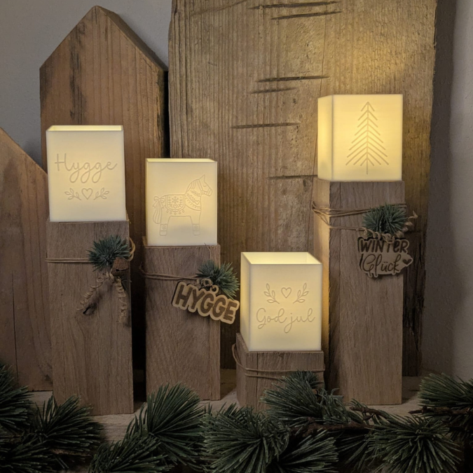 3D Druck Datei STL 4er Set Hygge Dala Skandi Windlicht für LED Lichter eckig SKALIERBAR Herbst Winter Weihnachten Klötzchenwindlicht – Bild 3