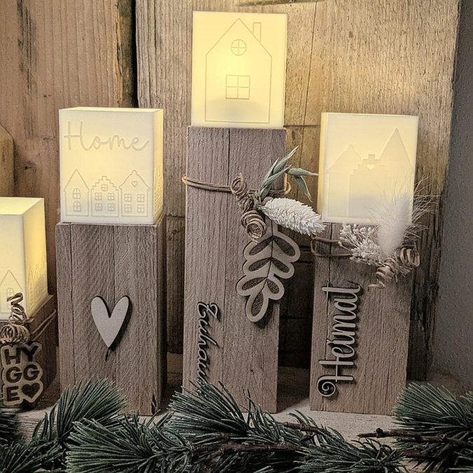 1 3D Druck Datei STL 4er Set Häuser Windlicht für LED Tee Lichter eckig SKALIERBAR anpassbar Home Herbst Winter Weihnachten Klötzchenwindlicht – Bild 16