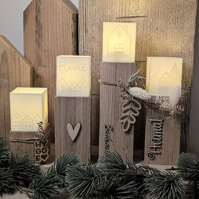 1 3D Druck Datei STL 4er Set Häuser Windlicht für LED Tee Lichter eckig SKALIERBAR anpassbar Home Herbst Winter Weihnachten Klötzchenwindlicht – Bild 4
