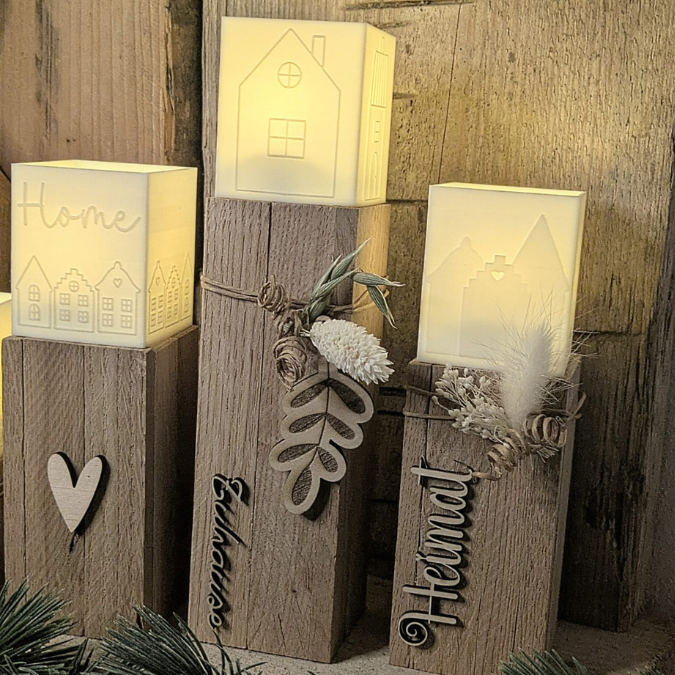 1 3D Druck Datei STL 4er Set Häuser Windlicht für LED Tee Lichter eckig SKALIERBAR anpassbar Home Herbst Winter Weihnachten Klötzchenwindlicht – Bild 14