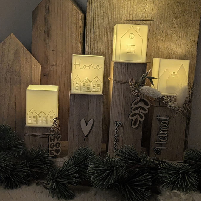 1 3D Druck Datei STL 4er Set Häuser Windlicht für LED Tee Lichter eckig SKALIERBAR anpassbar Home Herbst Winter Weihnachten Klötzchenwindlicht – Bild 15